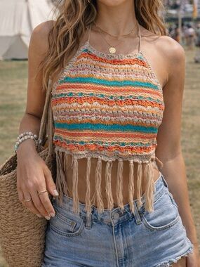 Crochet Halter Top Fringe Boho Festival Knit Open Back Multicolor Size Small
